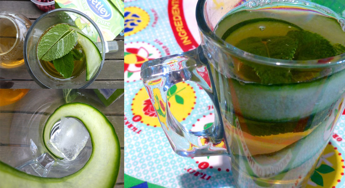 Cucumber and mint green tea, served in a glass.
