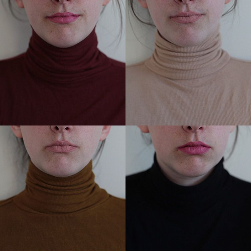 A beautiful selection of turtleneck jumpers in all different colours. Top L - R: Red, Beige, Bottom L - R Mustard, Black