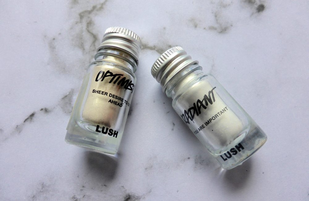Optimist and Radiant vials from Lush Cosmetics UK, eyeshadow and highlighter
