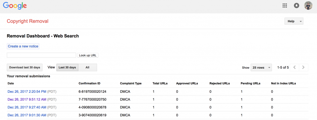 My Google DMCA dashboard where I file each violation claim individually.